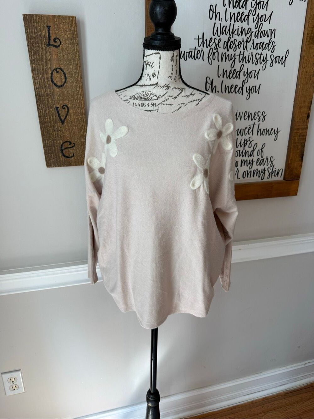 Aaeda Women’s Floral Aplique Long Sleeve Boho Soft Sweater Blush Beige Small